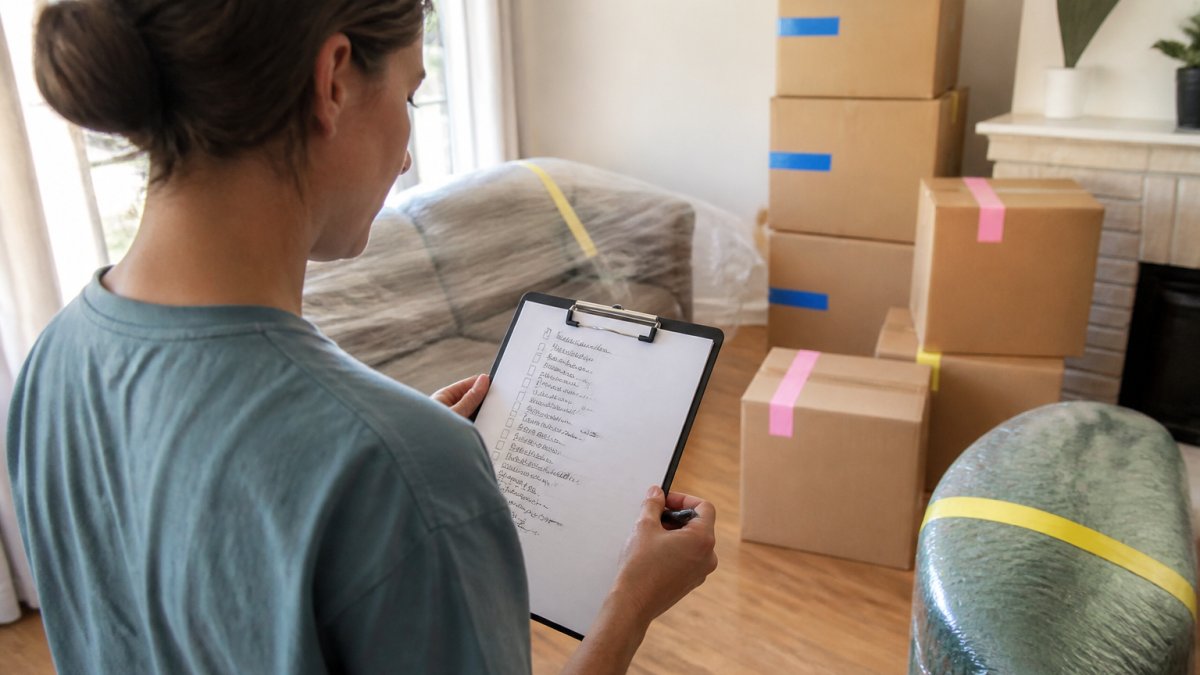 A person holding a clipboard with a handwritten inventory list, standing in a living room with labeled moving boxes stacked nearby and furniture marked with colored tape