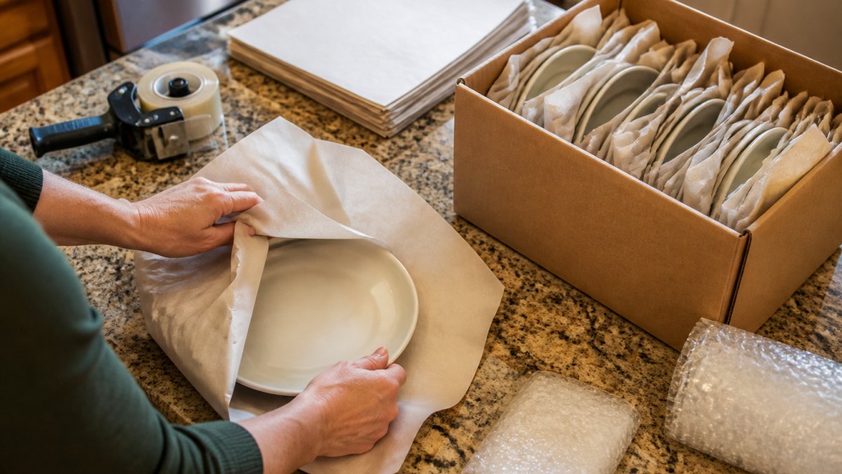 Close-up of hands wrapping a ceramic plate in packing paper on a kitchen counter, with a lined moving box of vertically stacked dishes beside it