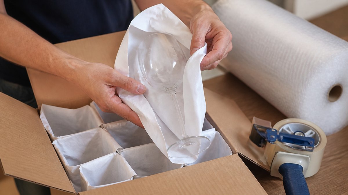 Close-up of hands wrapping a wine glass in packing paper inside a sturdy moving box, with a roll of bubble wrap and tape nearby on a table