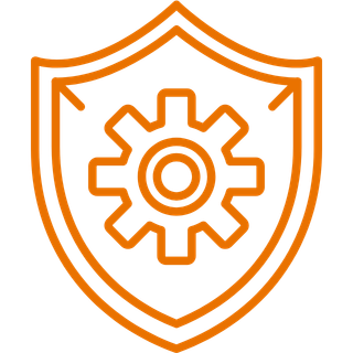 Orange shield icon with a gear symbol in the center representing security and settings.