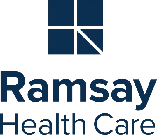 Ramsay Health Care logo with four blue squares and name text below.