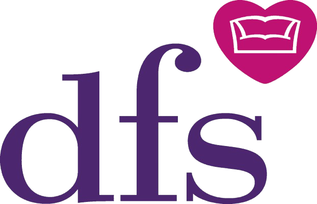 Purple lowercase letters d, f, and s with a pink heart containing a sofa illustration.