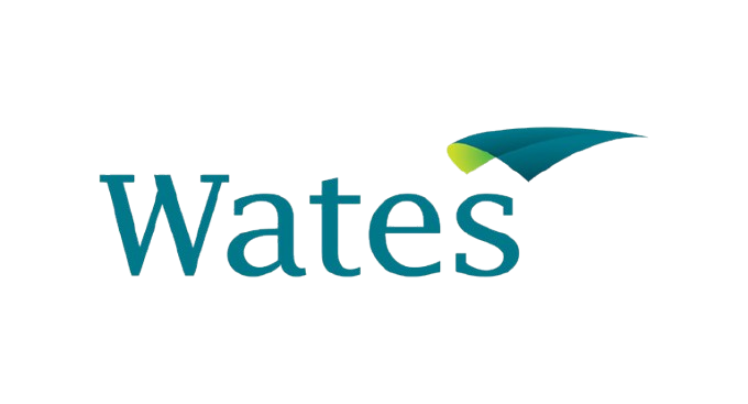 Wates company logo with stylized blue and green wing above the letter s.