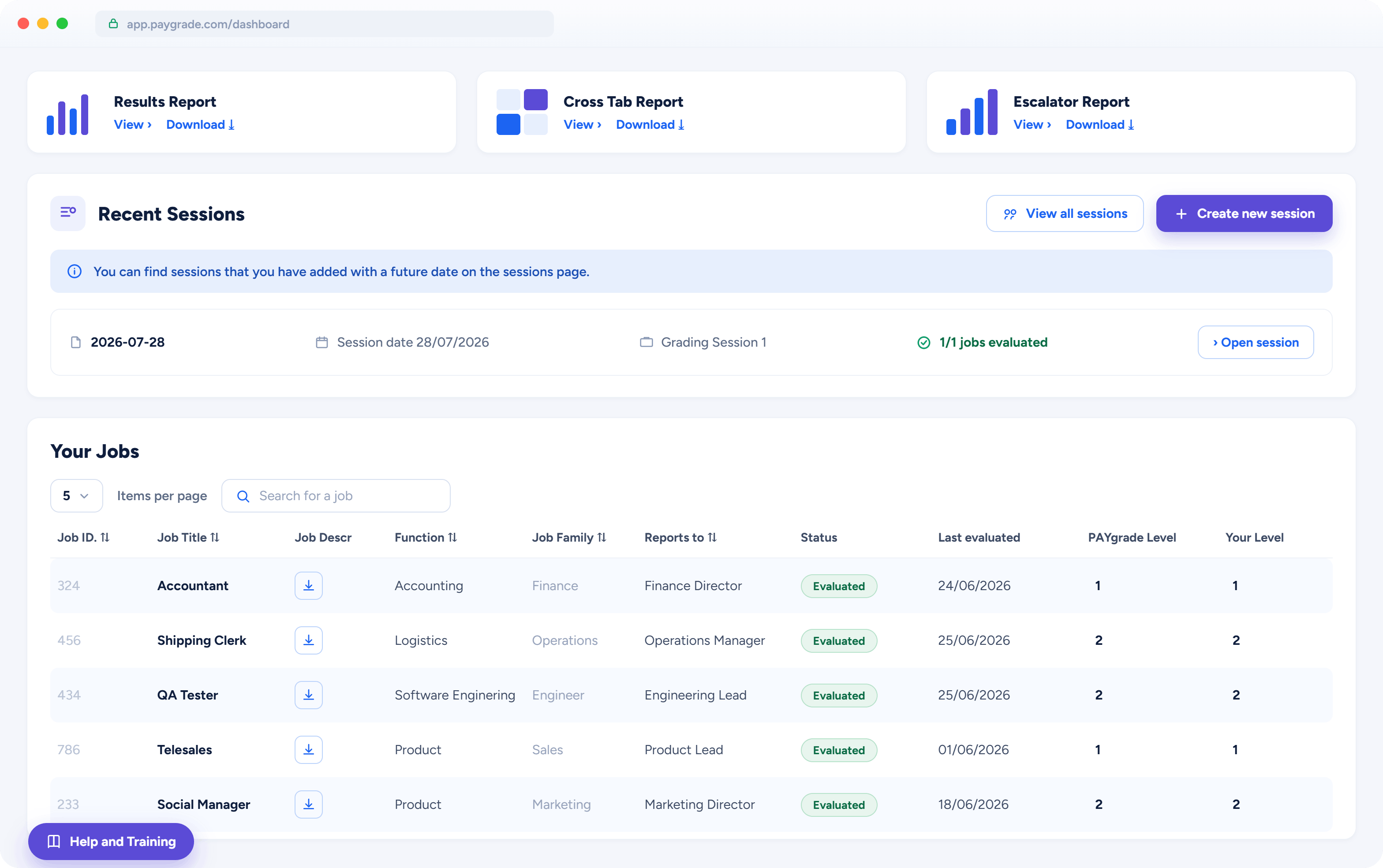 Dashboard interface showing reports, recent sessions, and a job list with statuses and evaluation dates.