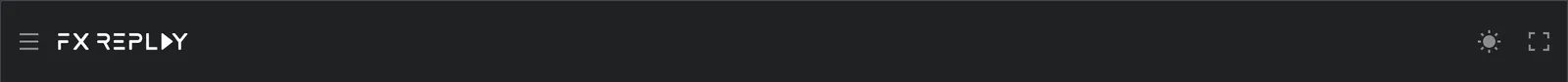 Dark-themed header bar featuring a menu icon, FX Reply logo, a sun icon for theme toggle, and a fullscreen icon on a black background.
