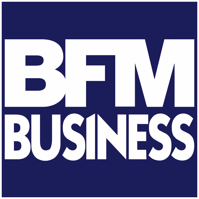 Logo de BFM Business sur fond bleu foncé.