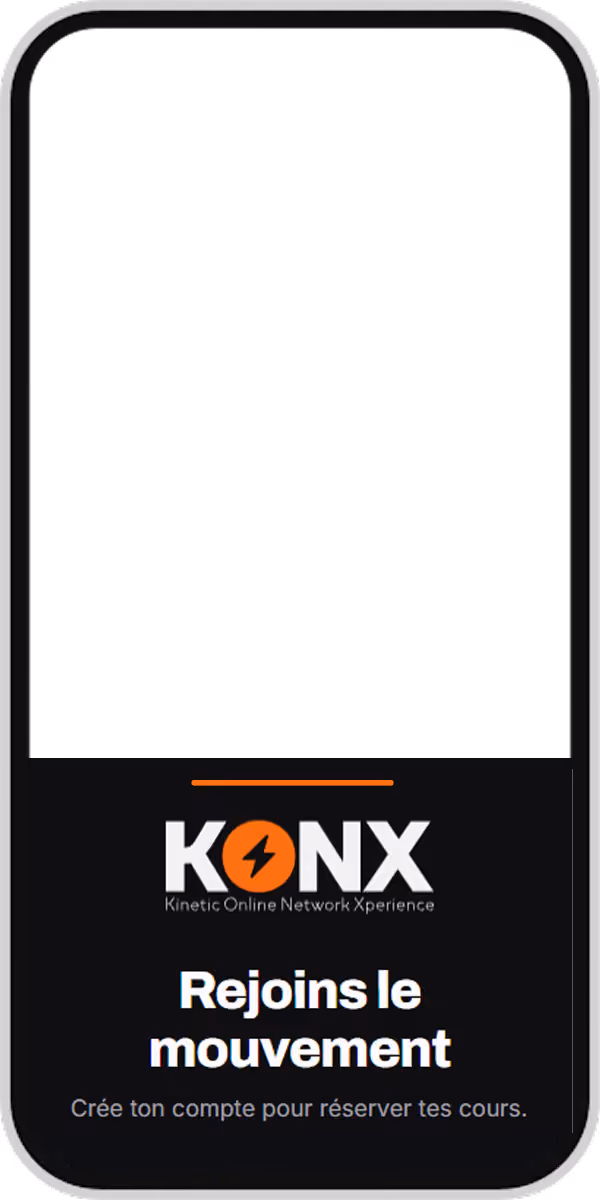 Écran de téléphone avec logo KONX et texte invitant à créer un compte pour réserver des cours.