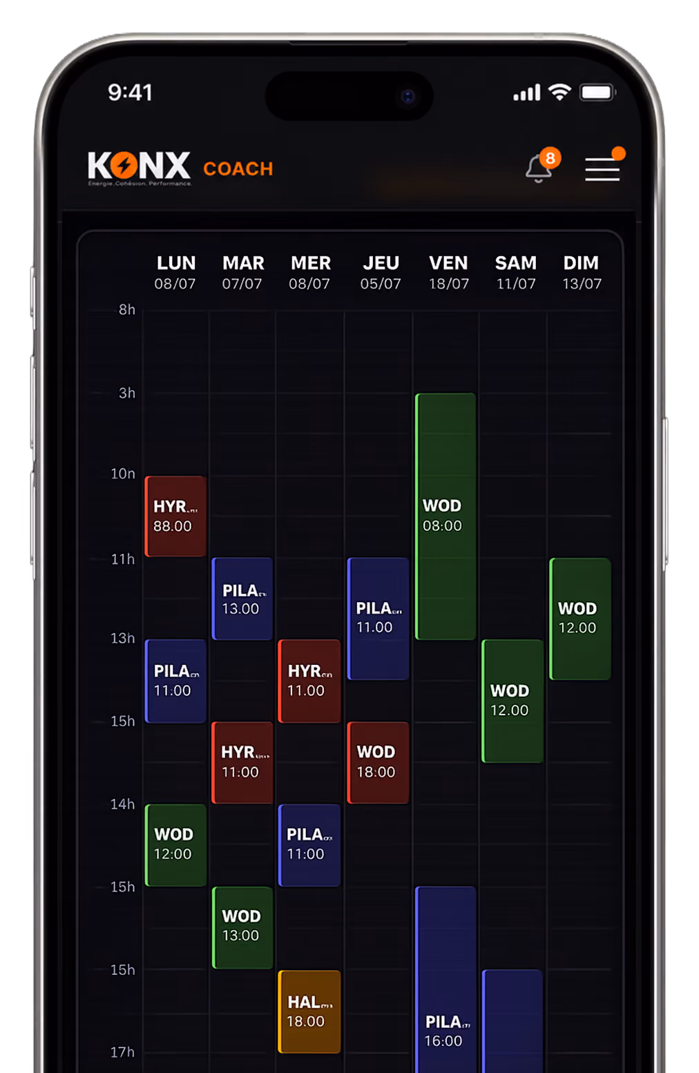 Calendrier hebdomadaire avec séances d'exercice colorées : HYR, PILA, WOD, HAL sur un écran de smartphone.