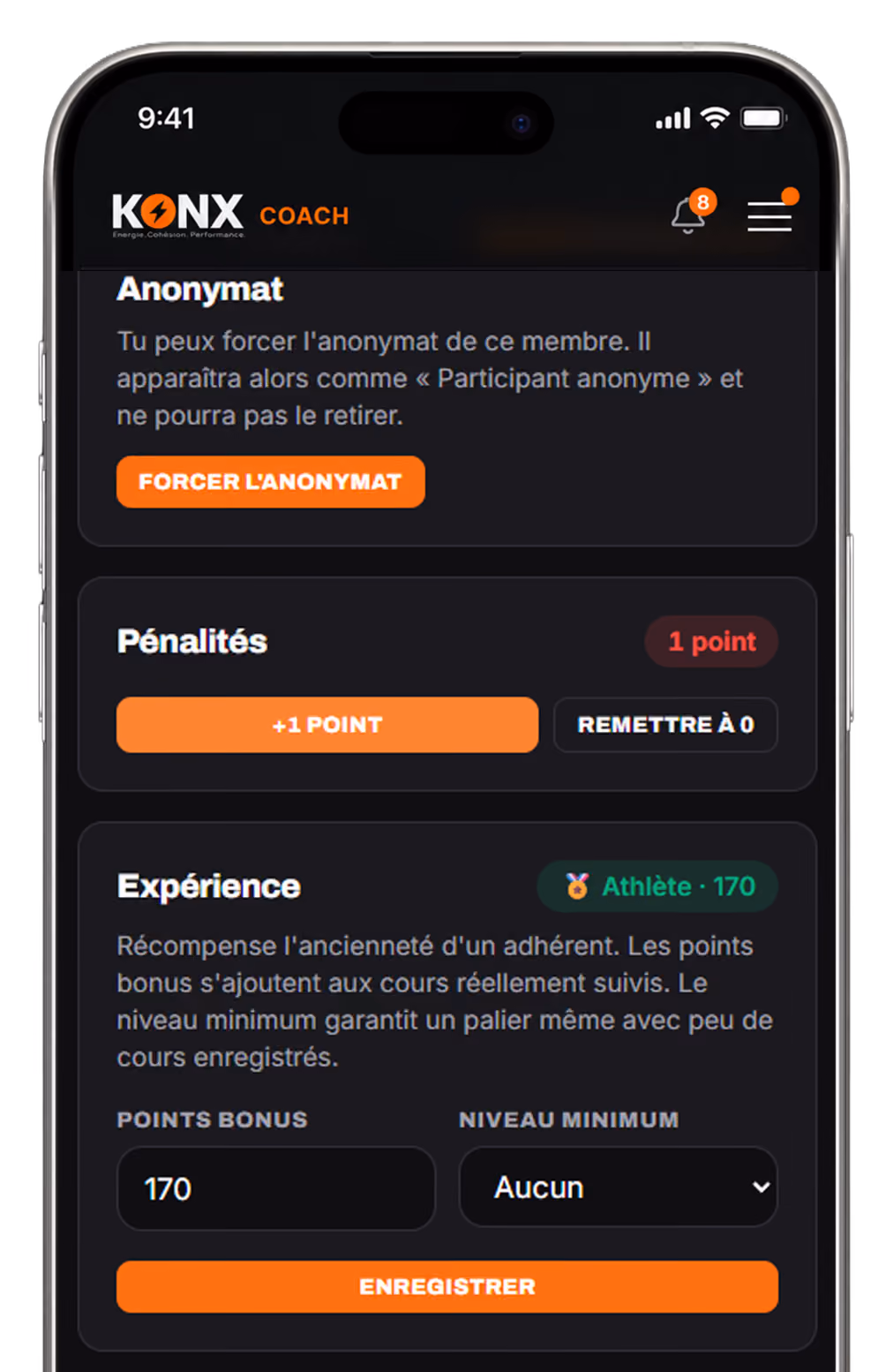 Capture d'écran KONX coach montrant options anonymat, pénalités avec 1 point, et expérience avec 170 points bonus.