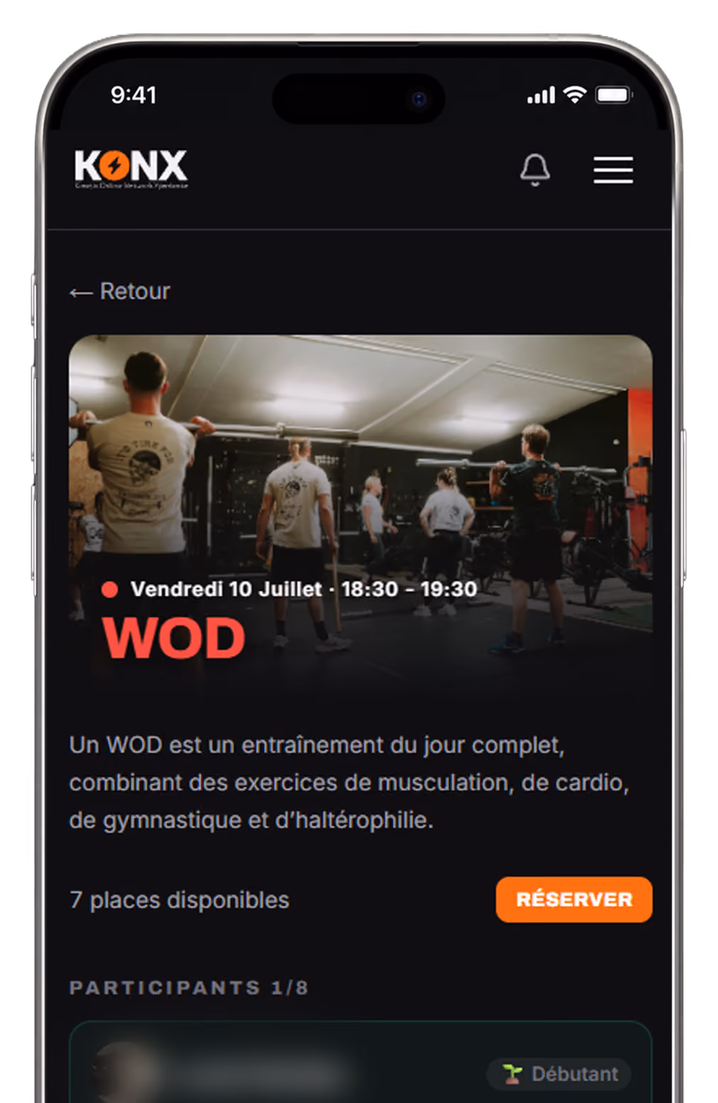 Page de réservation pour un entraînement WOD combinant musculation, cardio, gymnastique et haltérophilie.