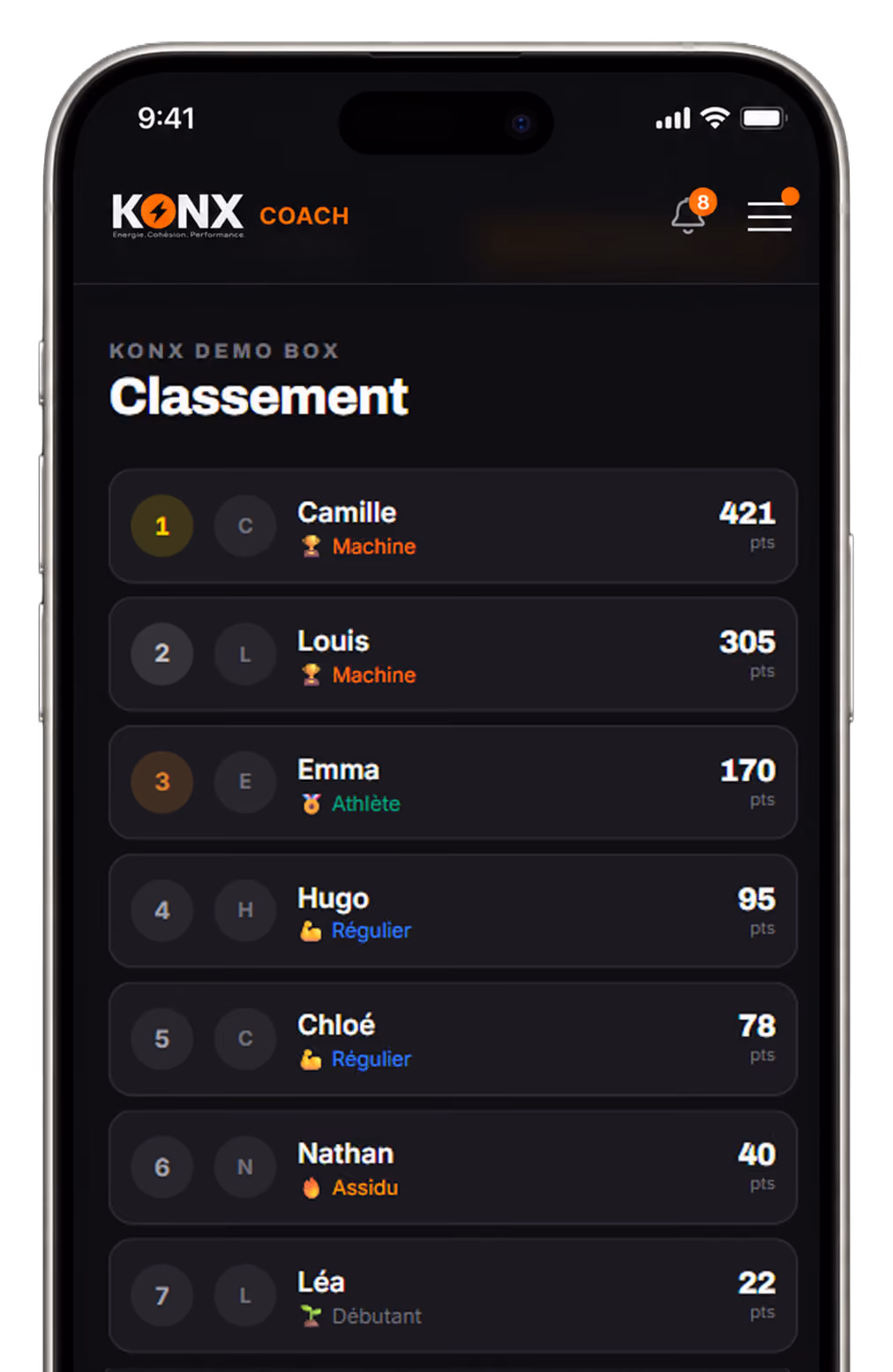 Classement KONX Coach avec Camille premier à 421 points, Louis deuxième à 305, et Emma troisième à 170 points.