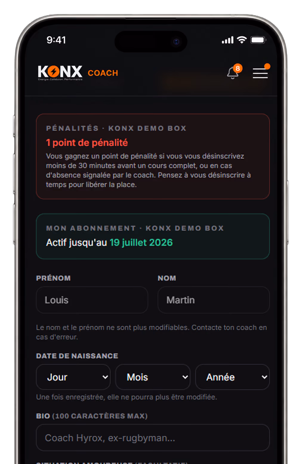 Application KONX affichant un point de pénalité, abonnement actif jusqu'au 19 juillet 2026, et détails utilisateur.