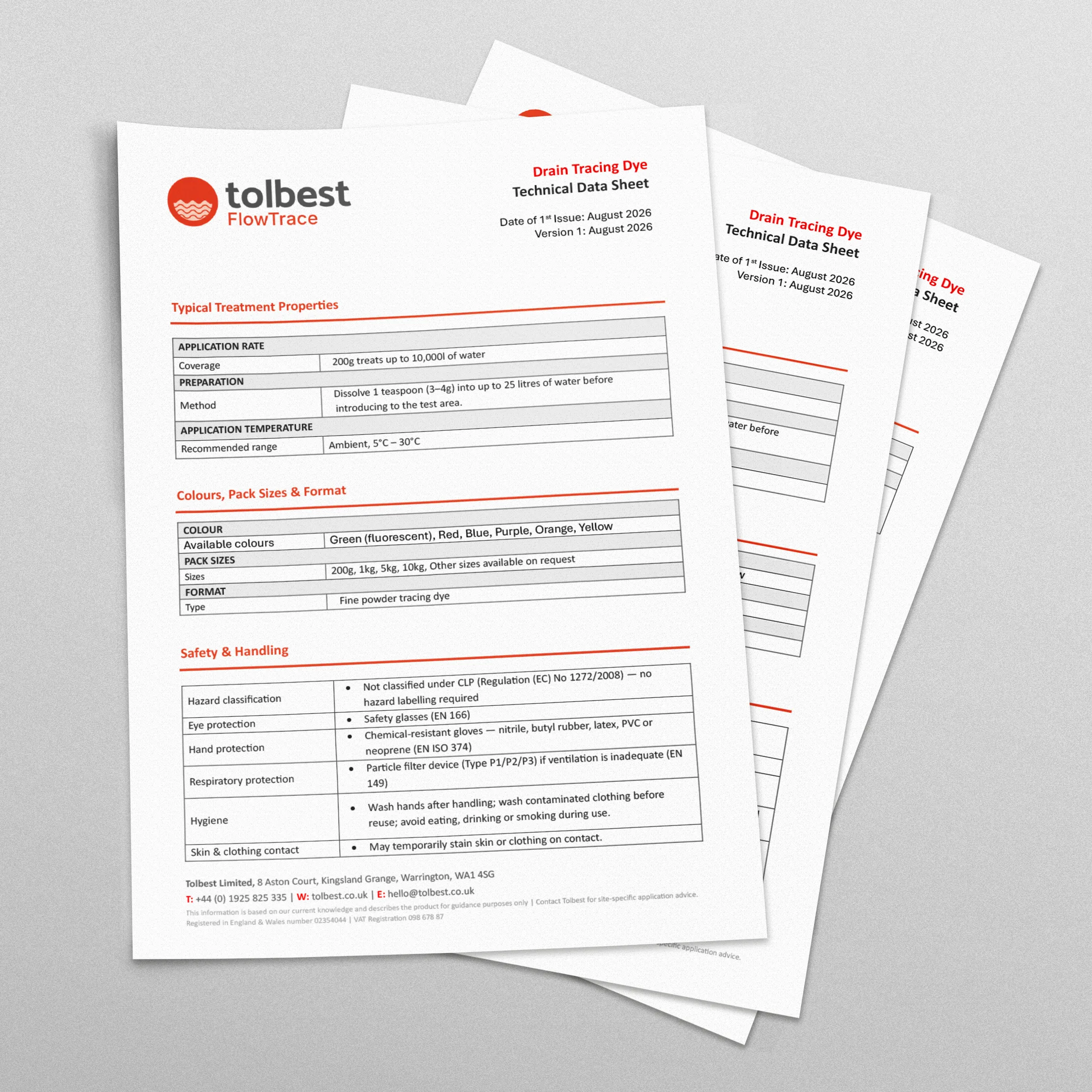 Stack of three technical data sheets for Tolbest FlowTrace Drain Tracing Dye dated August 2026 detailing typical treatment properties, colors, pack sizes, format, and safety & handling instructions including application rate, preparation, application temperature, hazard classification, and protective gear recommendations.