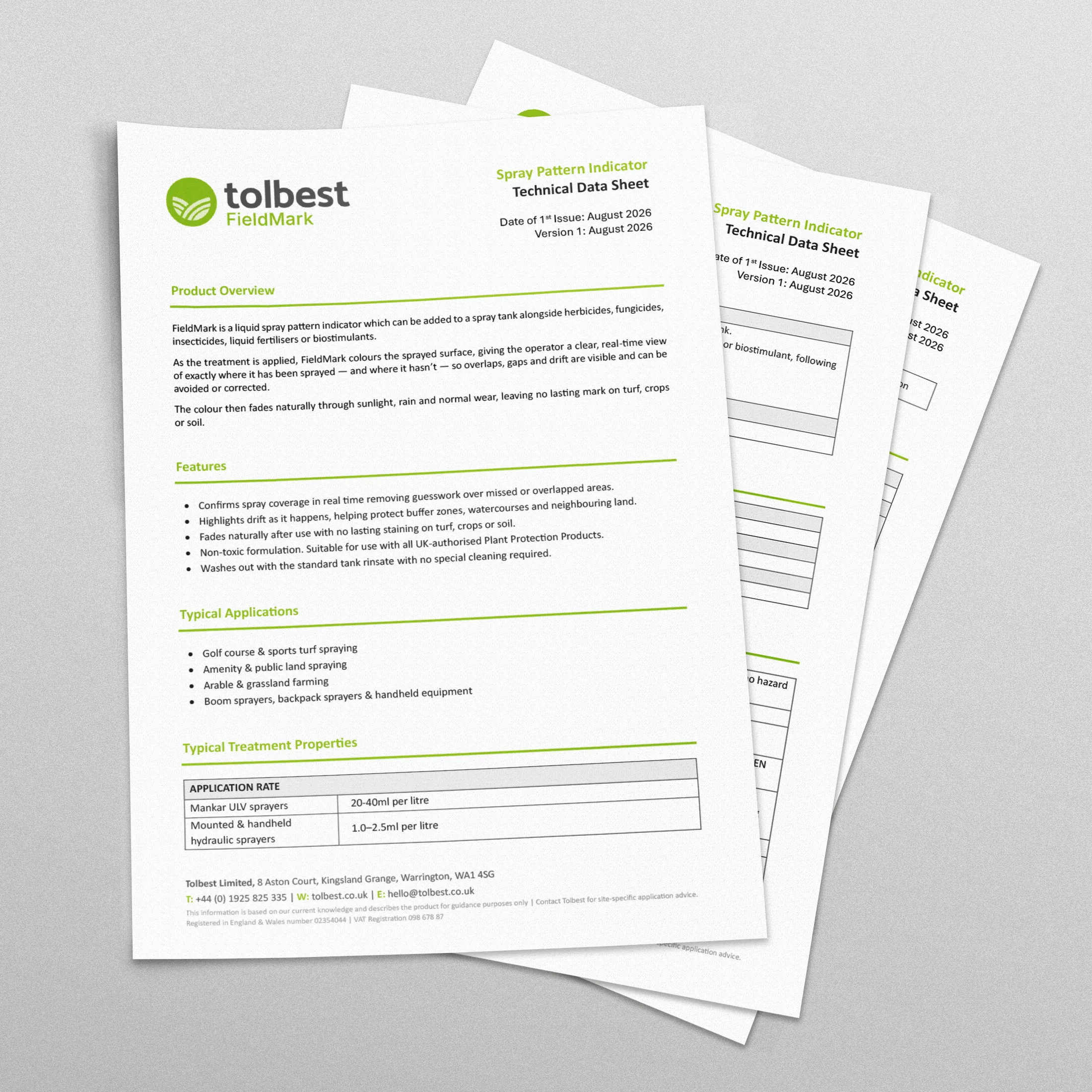 Three stacked technical data sheets for Tolbest FieldMark Spray Pattern Indicator, dated August 2026. The top sheet includes a product overview stating FieldMark is a liquid spray pattern indicator added to spray tanks with herbicides, fungicides, insecticides, liquid fertilisers or biostimulants. It colors sprayed surfaces to show coverage and gaps in real-time and fades naturally without lasting marks. Features listed include confirming spray coverage, highlighting drift, fading naturally, non-toxic formulation, and easy washing. Typical uses cover golf courses, public land, farming, and various sprayers. Treatment properties show application rates for different sprayer types. Contact details for Tolbest Limited are at the bottom.