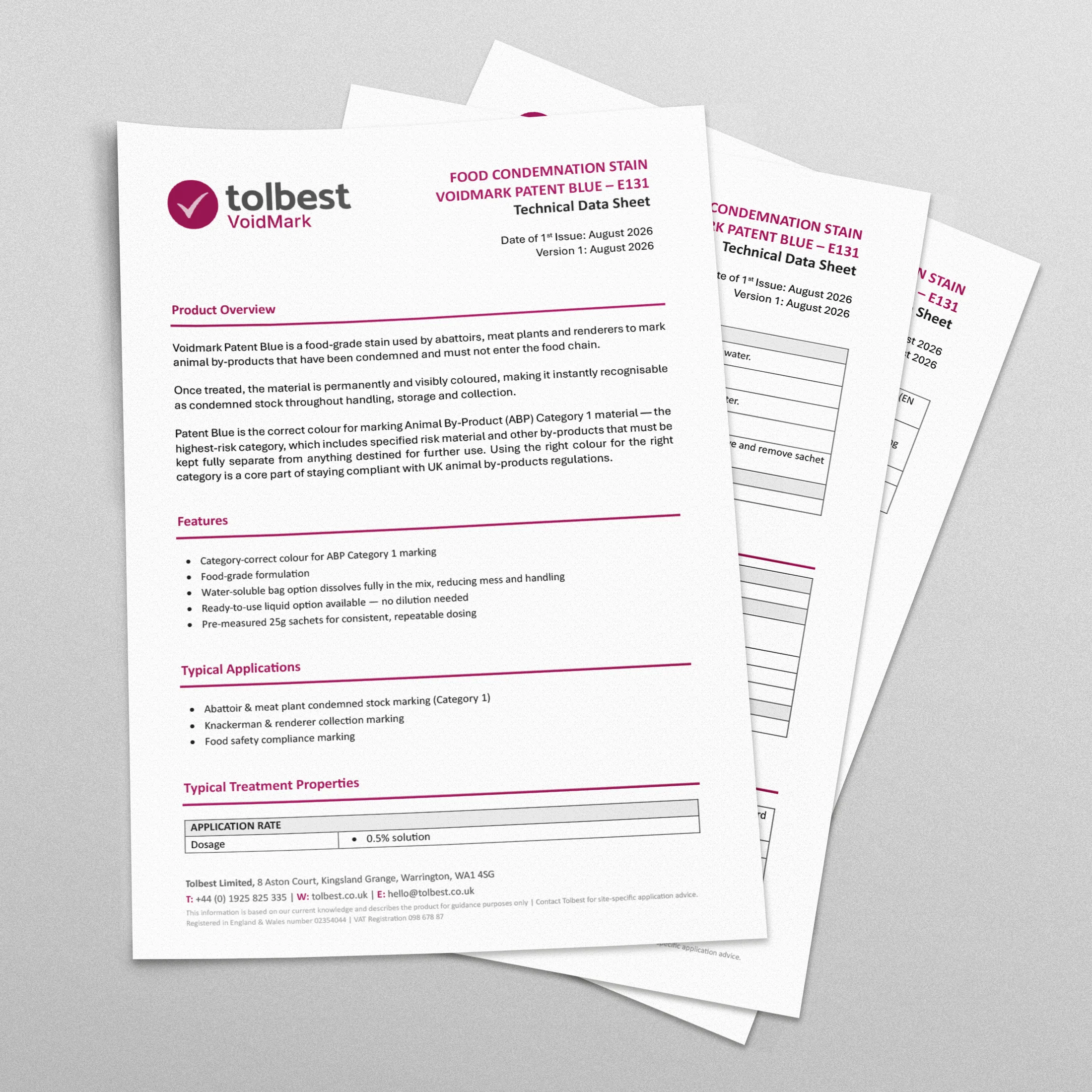 Three overlapping printed datasheets titled Food Condemnation Stain VoidMark Patent Blue – E131 with Tolbest VoidMark logo, detailing product overview, features, applications, and treatment properties of a food-grade stain for marking condemned animal by-products.