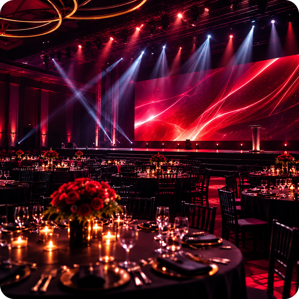 Ray Event Management gala dinner setup with red lighting and floral centerpieces