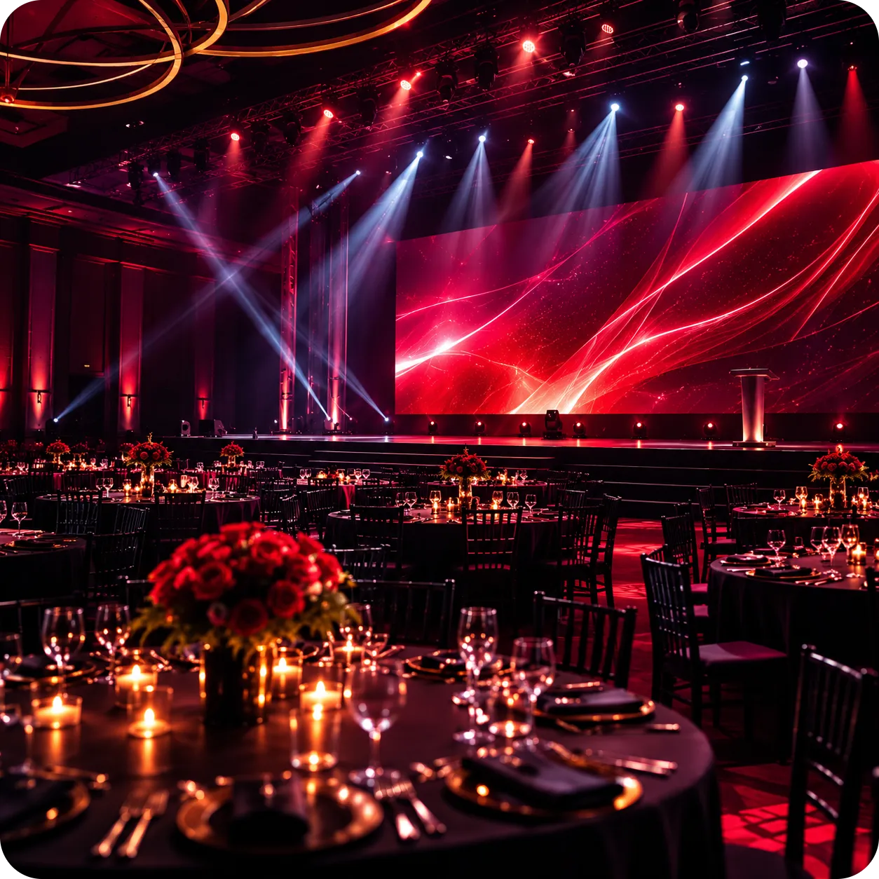 Ray Event Management gala dinner setup with red lighting and floral centerpieces