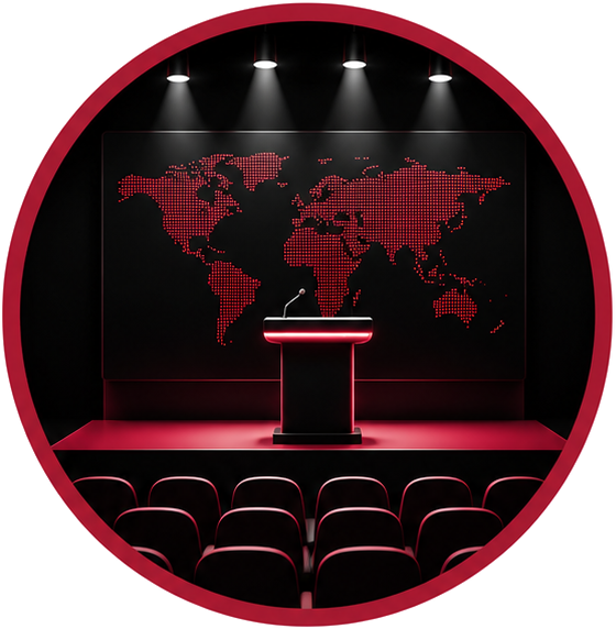 Conference stage with world map backdrop