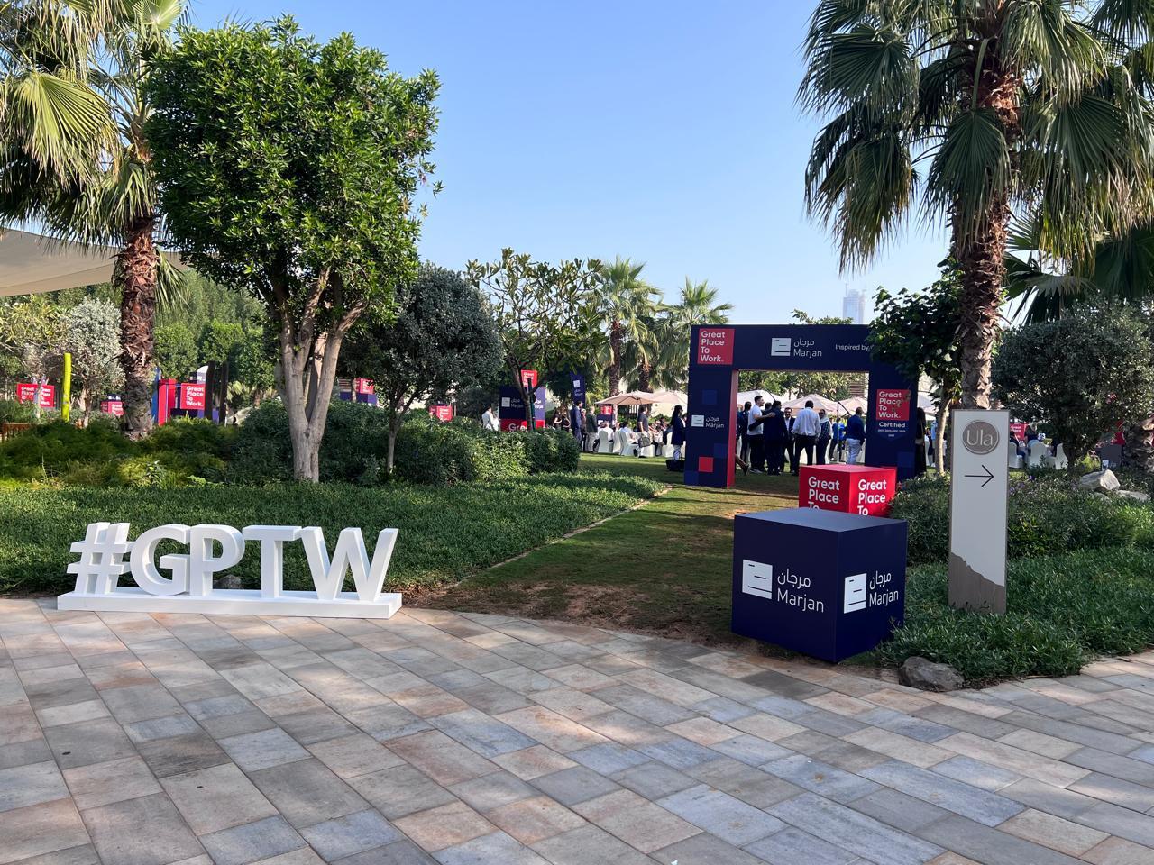 Outdoor Great Place to Work event arrival with hashtag letters and branded entrance, built by Ray Event Management