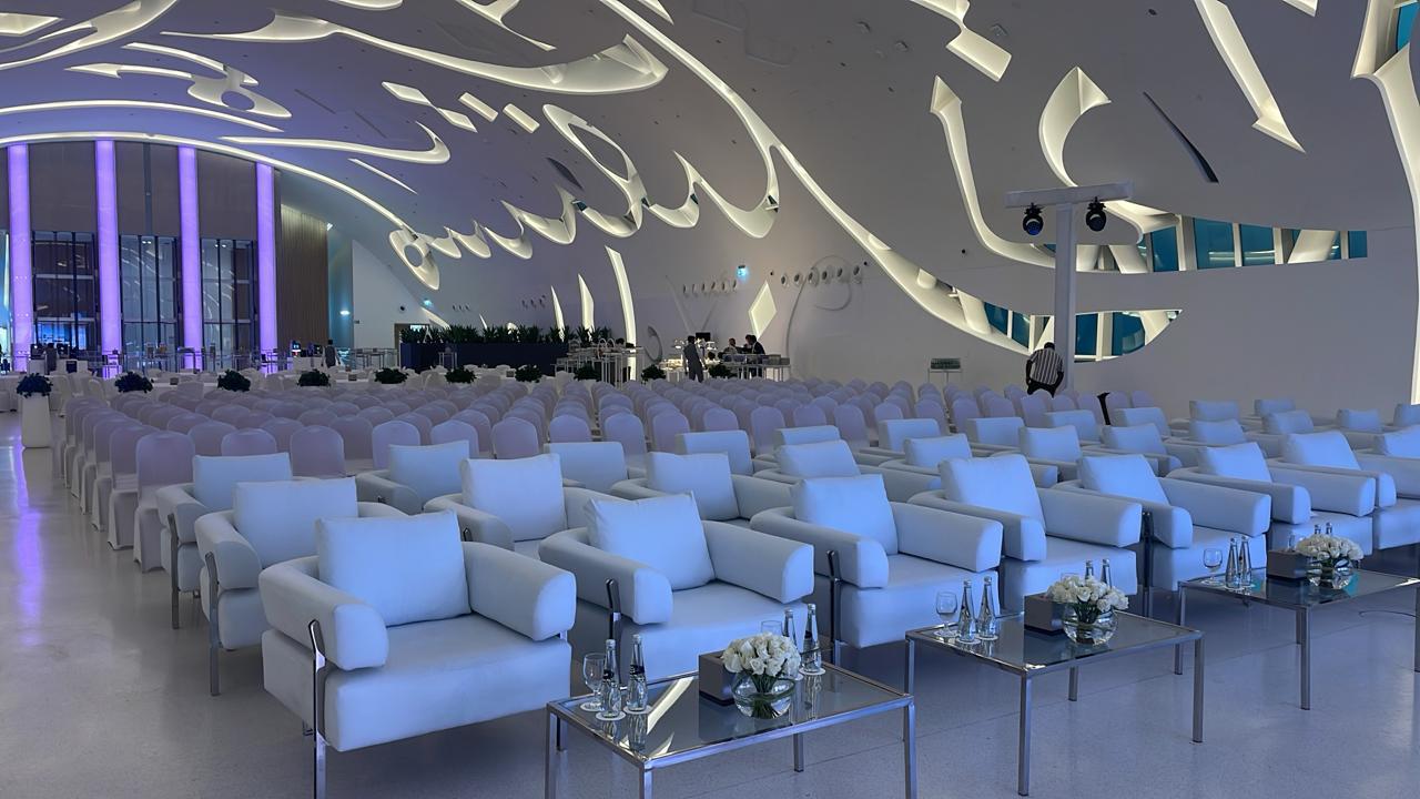 Conference seating set inside the Museum of the Future auditorium in Dubai, delivered by Ray Event Management