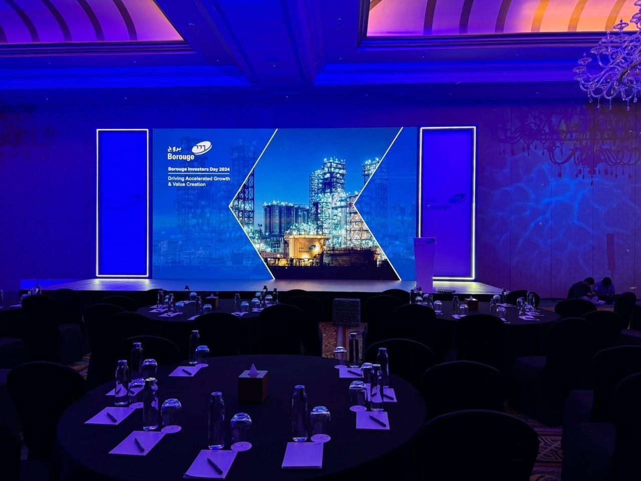 Borouge Investors Day 2024 twin LED stage and banquet floor, delivered by Ray Event Management