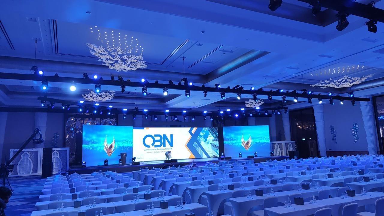 QBN Business Network Conference ballroom staging with twin LED screens, delivered by Ray Event Management