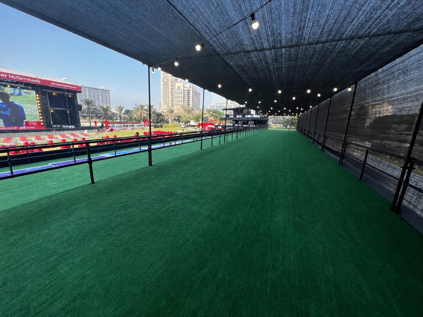 Empty covered deck at the FIFA Fan Festival site in Dubai before the Ray Events build