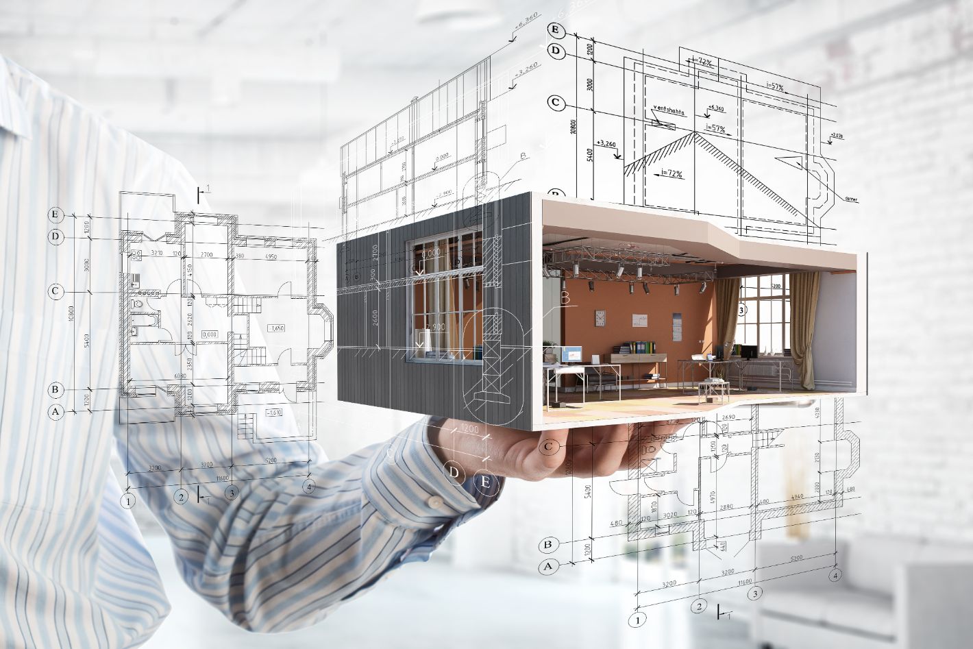 Person holding a 3D architectural model of a house room with visible interior furniture and decor, overlaid with floor plan blueprints and measurements.