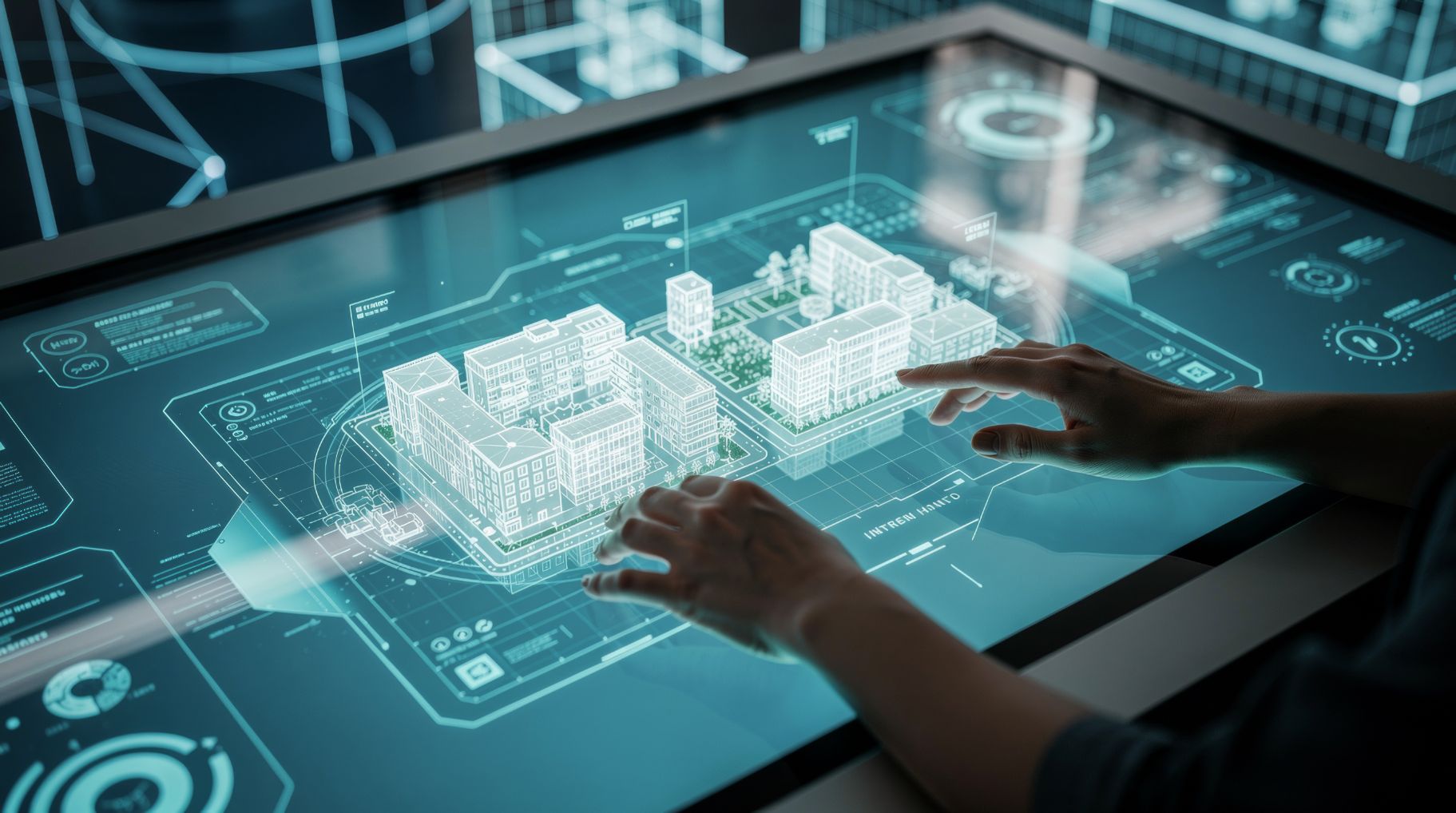 Hands interacting with a large futuristic touchscreen displaying a 3D digital architectural model of a building complex with detailed data overlays.