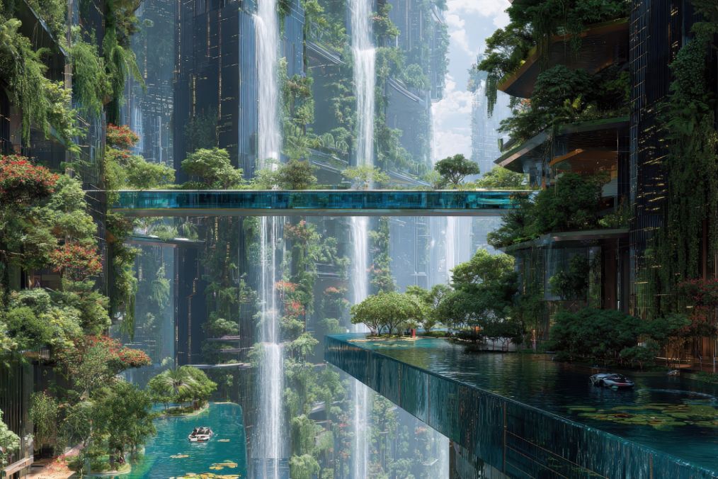 Futuristic cityscape with tall buildings covered in lush greenery and cascading waterfalls, interconnected by glass bridges above water channels with small boats.