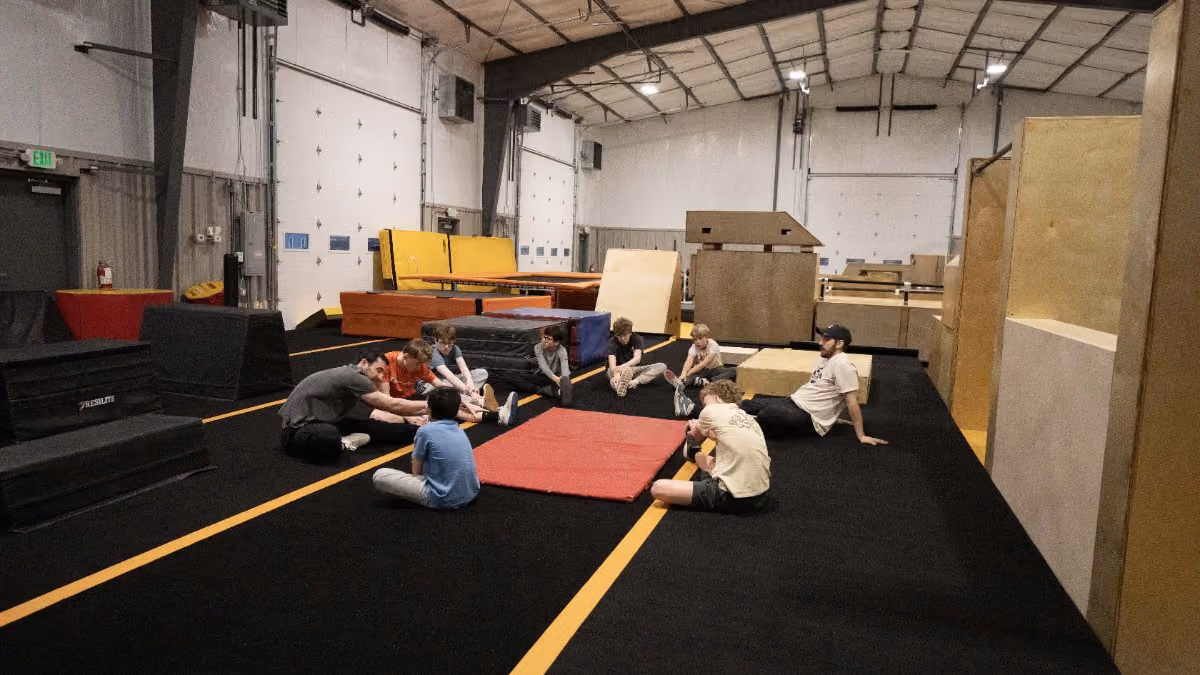 Interior training space and obstacles at HUB Parkour Norfolk.