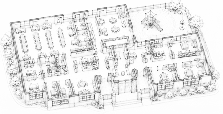 Black and white floor plan sketch showing offices, meeting rooms, desks, and playground outside.