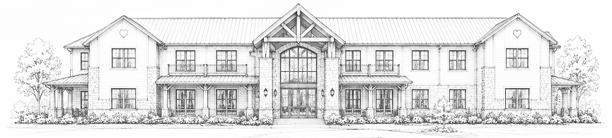Architectural sketch of a two-story house with large central entrance and side porches.