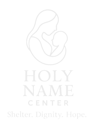 Logo of Holy Name Center showing an outline of a mother holding a child with text Shelter. Dignity. Hope.