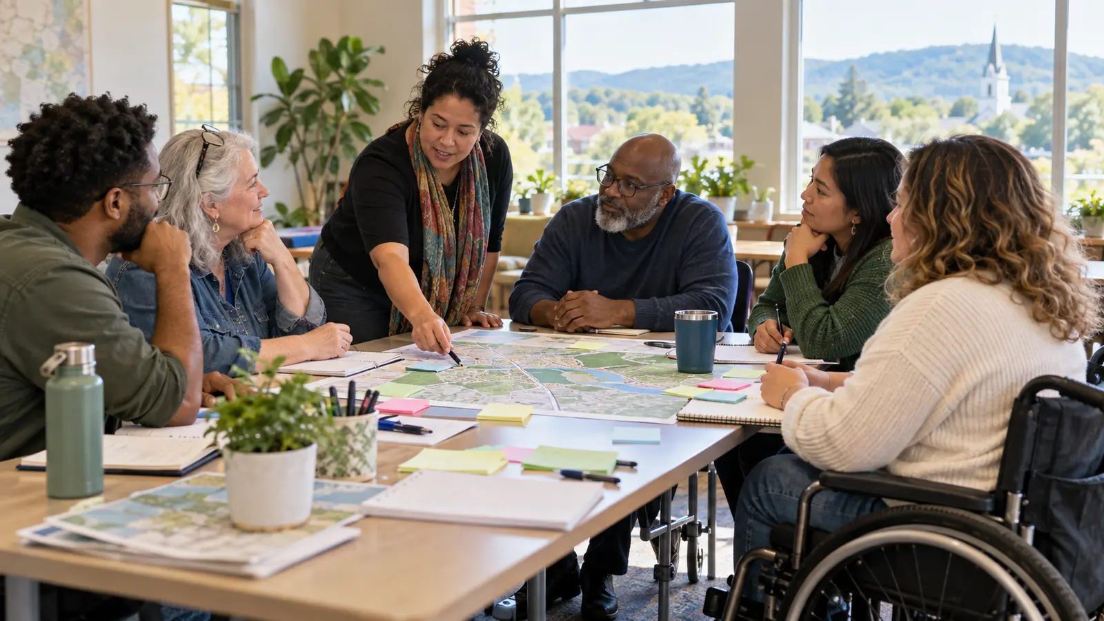 A diverse group of community partners plans a wellness coalition around a neighborhood map in an accessible meeting room.