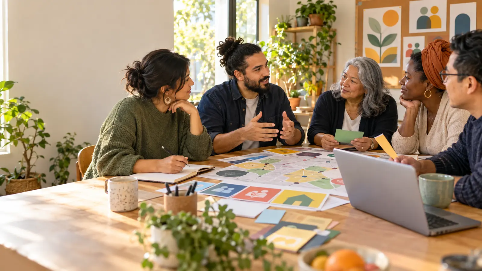 Community members planning accessible multilingual wellness outreach around a table