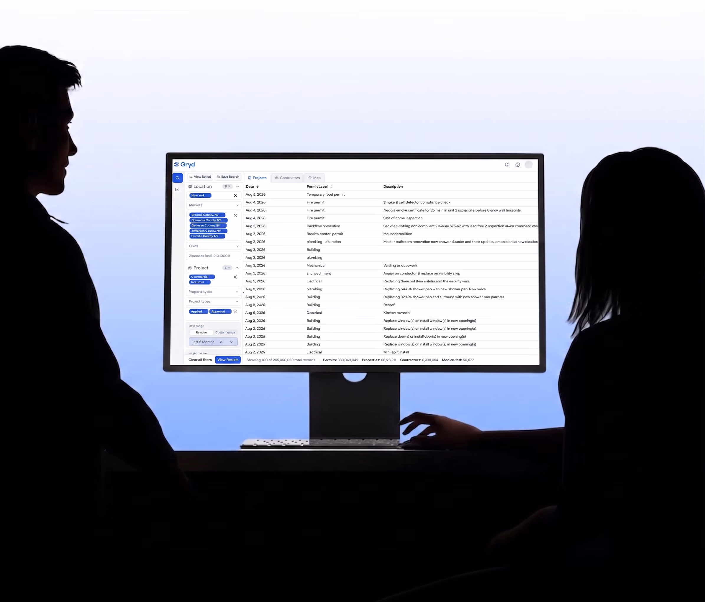 Two silhouetted people sitting at a desk viewing a computer screen showing a permit project management dashboard.