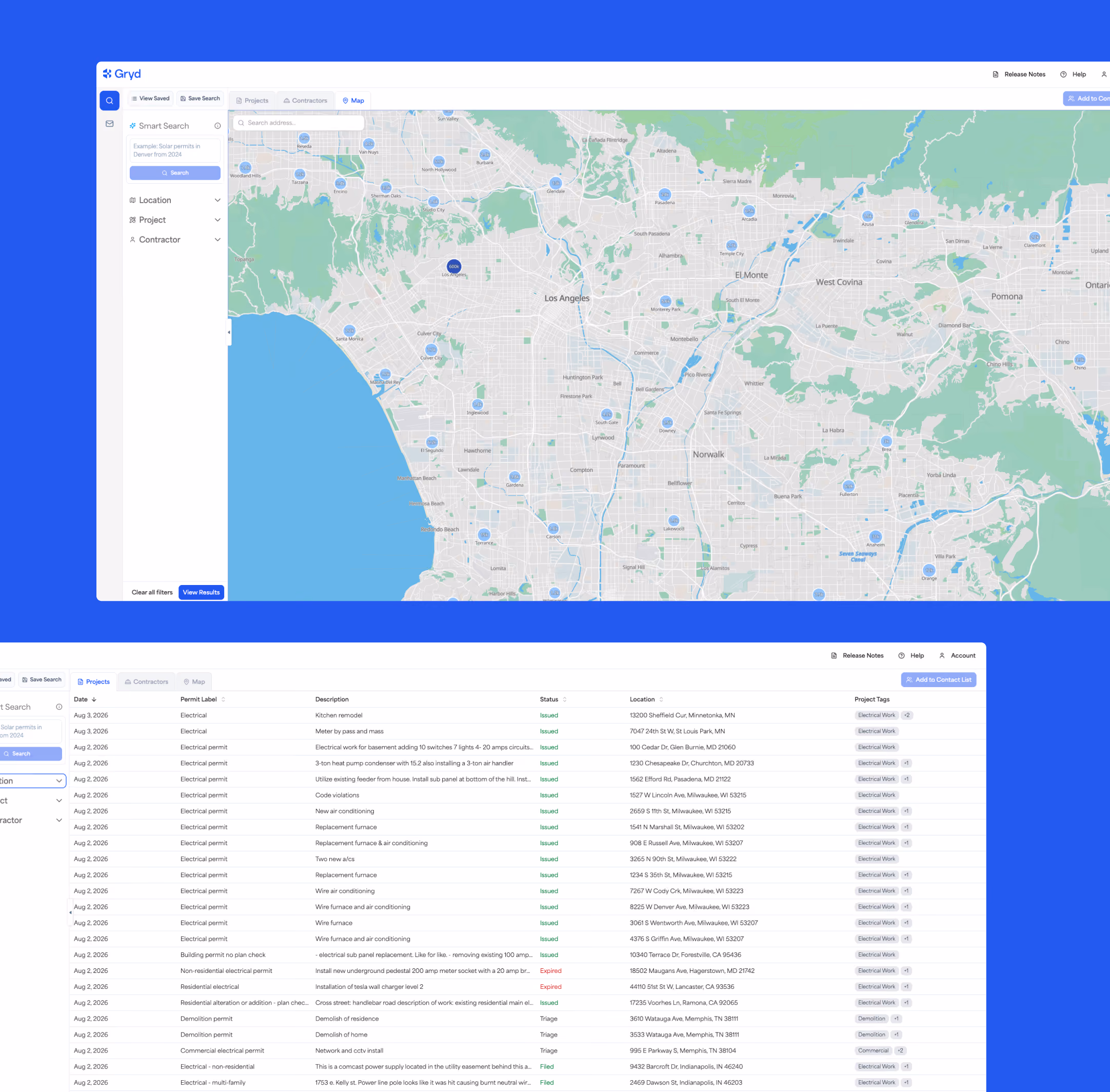 Screenshot of a digital platform named Gryd showing a map centered on Los Angeles with blue circular icons indicating data points; left panel has a search and filtering section with Location, Project, and Contractor filters; below the map, a table lists projects with columns for Date, Permit Label, Description, Status, Location, and Project Tags, showing various electrical permits with statuses like Issued, Expired, and Triage.