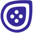 Purple abstract icon resembling a stylized leaf or seed with four dots inside.
