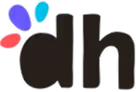 Logo with lowercase letters 'dh' and three colorful teardrop shapes above the letter d.