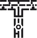 Black capital letter T on a dark gray background.