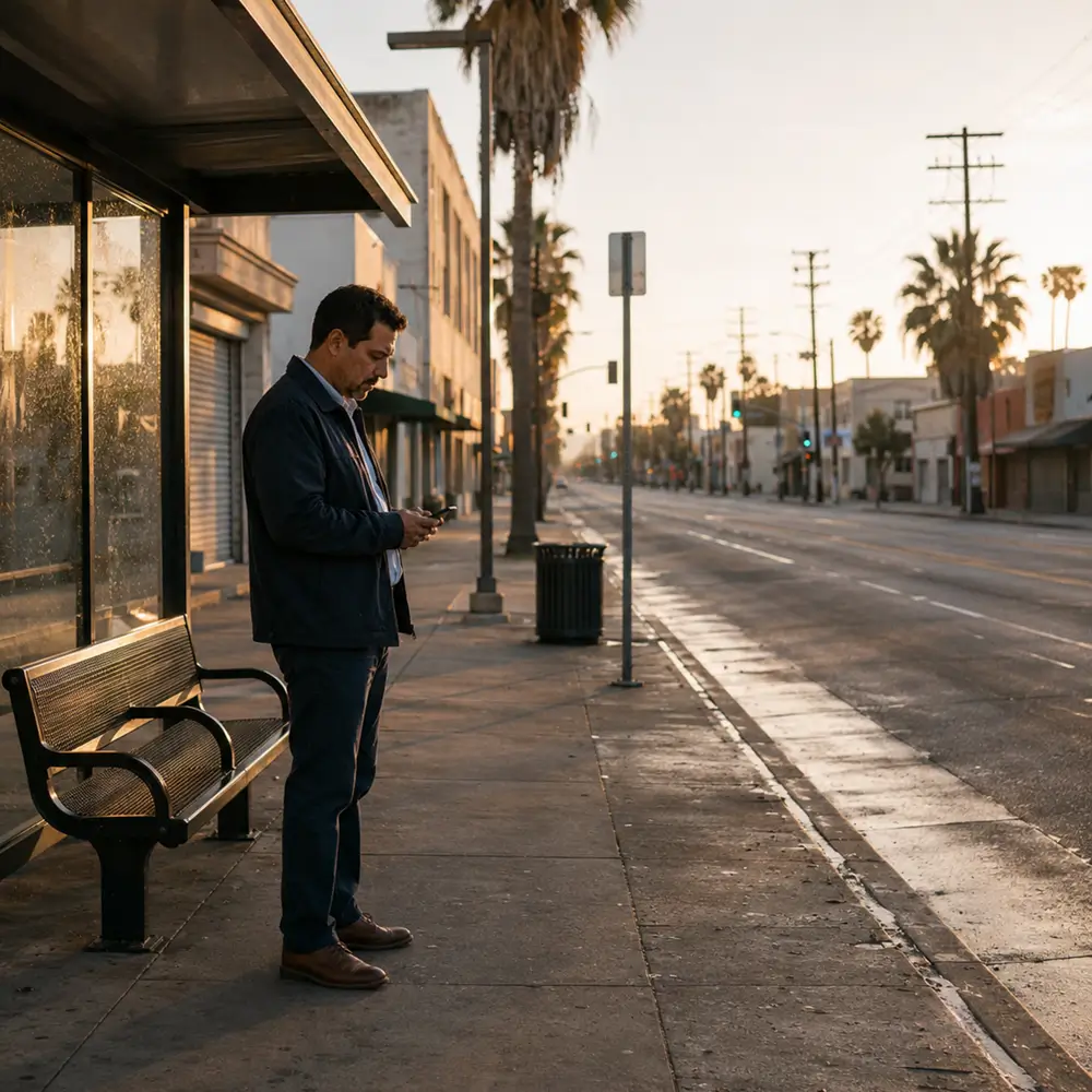 A man in work clothes waits alone at a bus stop on an empty
Los Angeles street at dawn, checking his phone.
