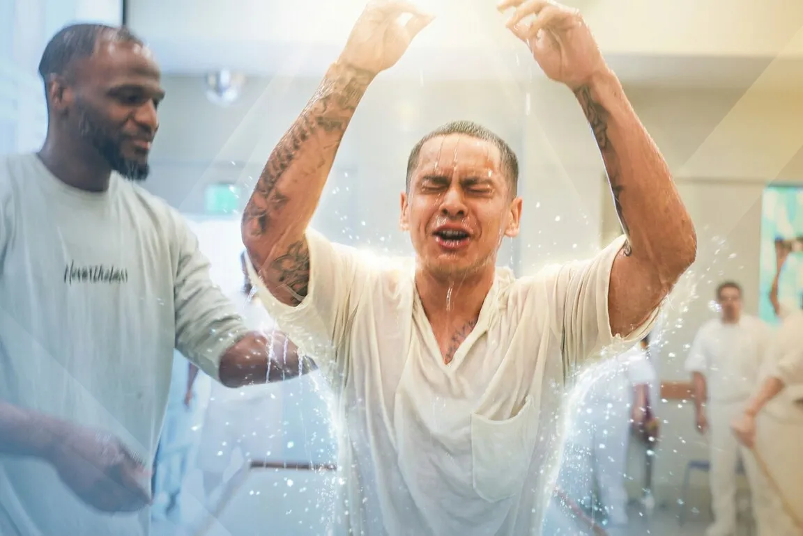 Man baptized with water splashing, hands raised
