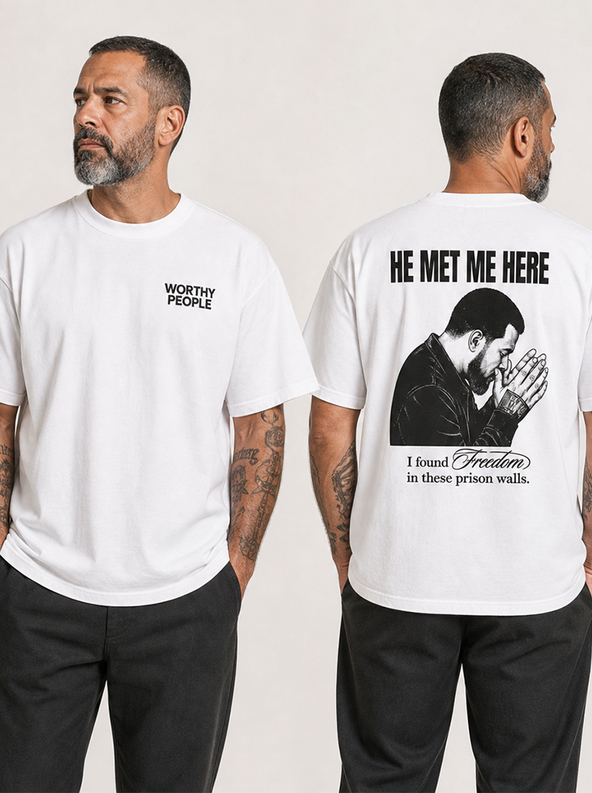 Worthy People tee: freedom found even within prison walls, front and back design.