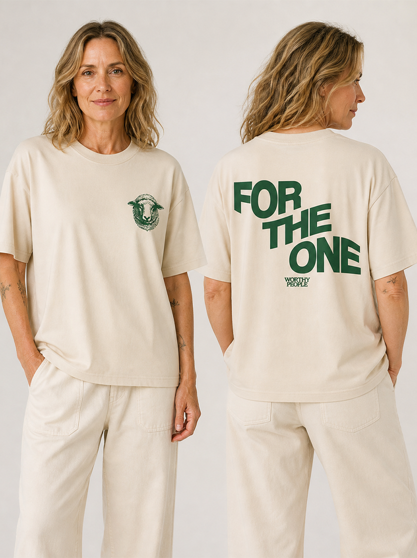 Cream tee with a sheep graphic — a tribute to leaving the ninety-nine for the one.
