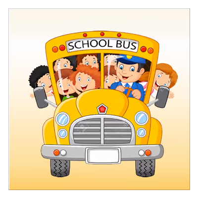 Cartoon school bus with driver and happy children riding