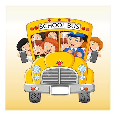 Cartoon school bus with driver and happy children riding