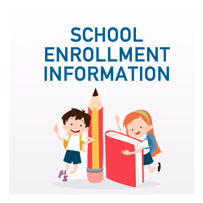 School enrollment information graphic with two cartoon children