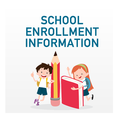 School enrollment information graphic with two cartoon children