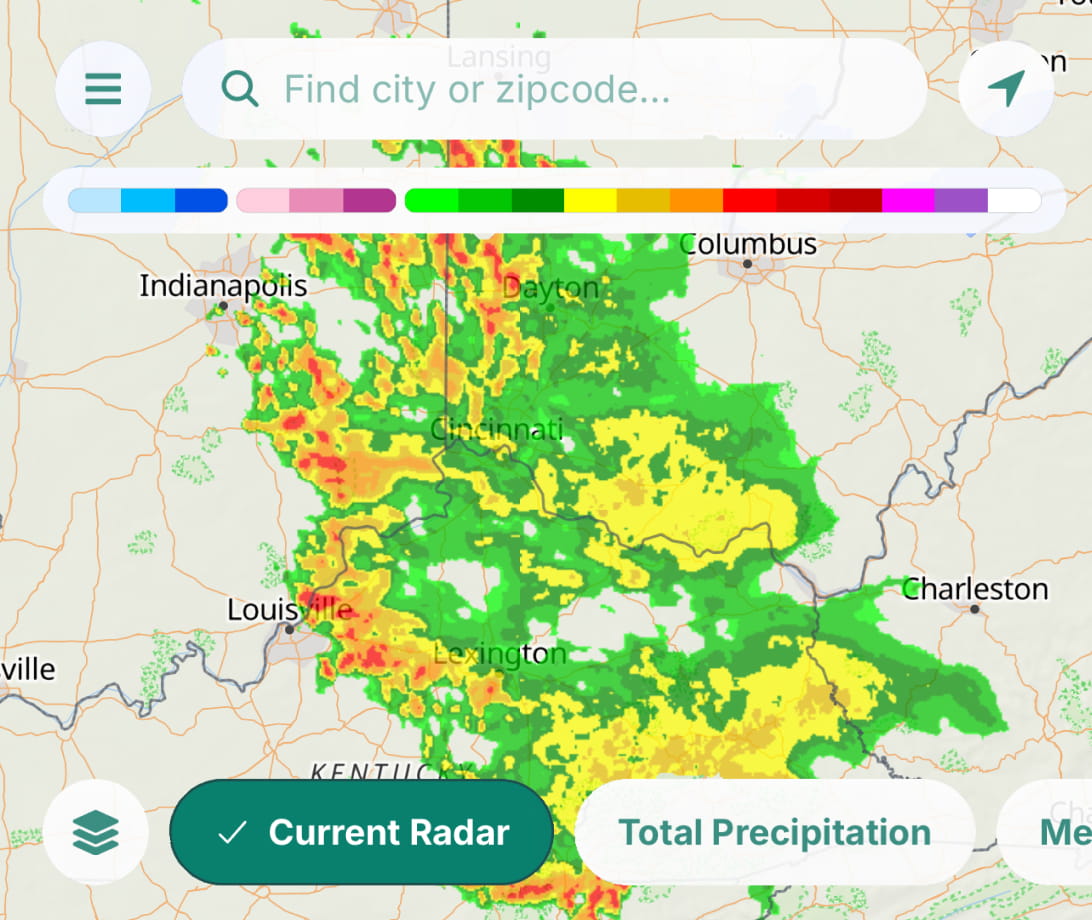 Example radar map UI showing a large thunderstorm.